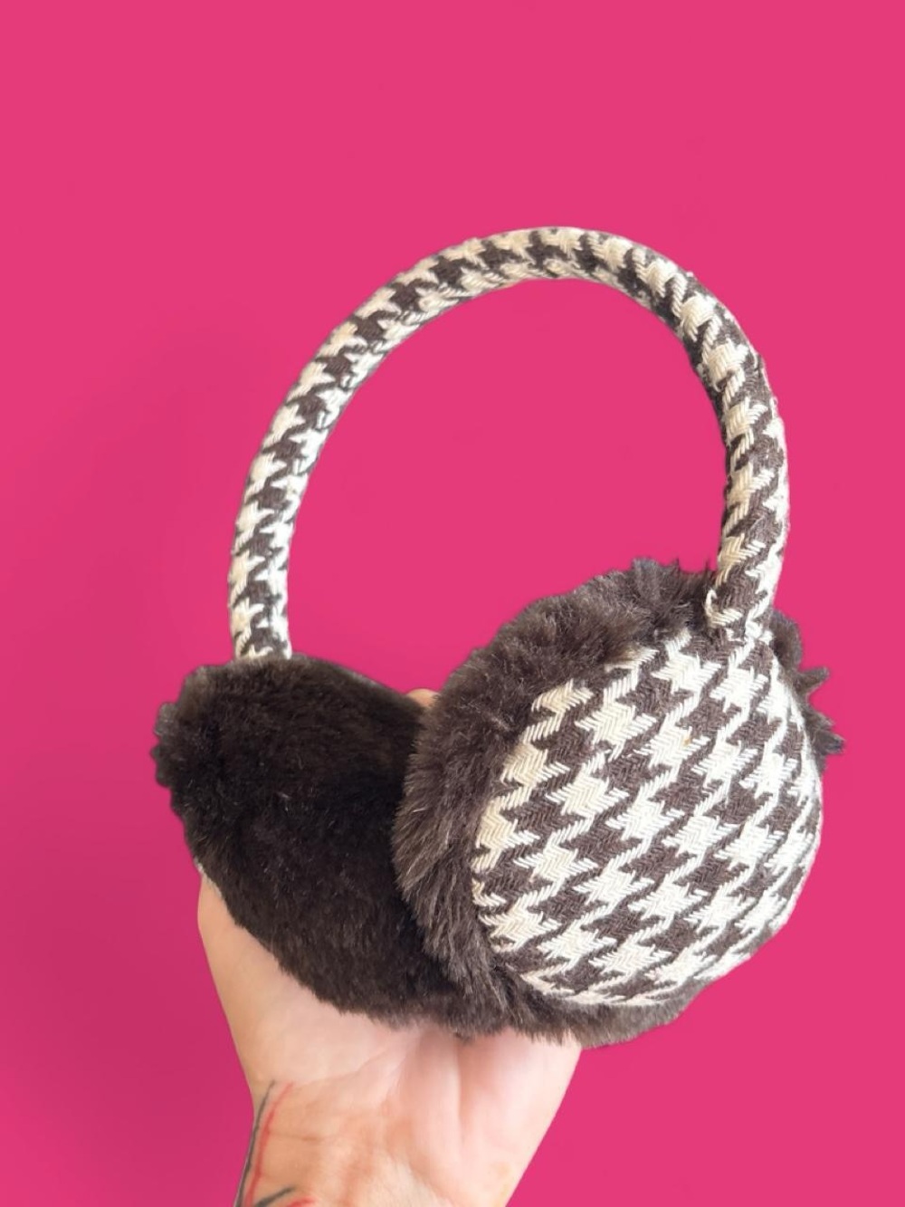 Y2K Brown Houndstooth Faux Fur Earmuffs - Unbranded